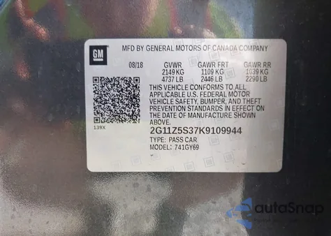 2019 Chevrolet Impala Lt z USA, uszkodzony, nr VIN 2G11Z5S37K9109944